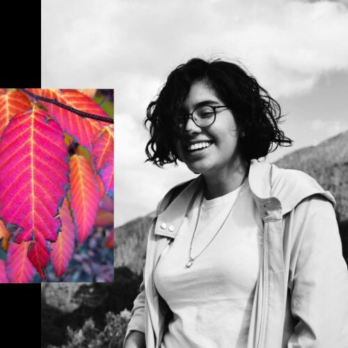 Contact us portrait BW red leaves