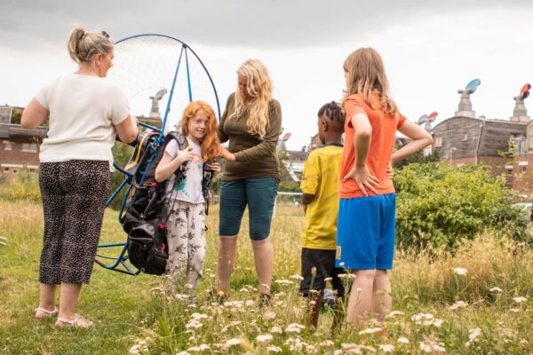 Joanna Lumley and the Human Swan visit Bed ZED eco paramotor